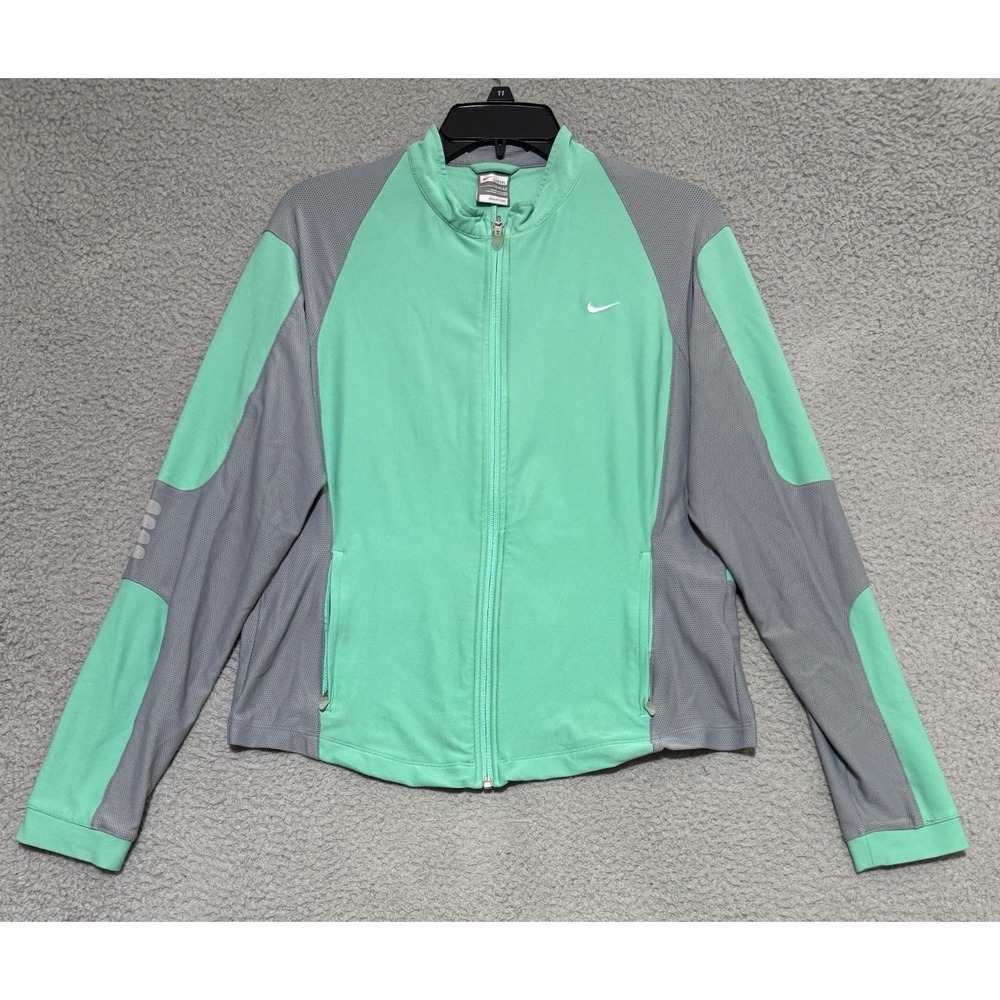 Nike Fit Dry Full Zip Jacket Womens Large (12-14) Gray Mint Green Vented Stretch